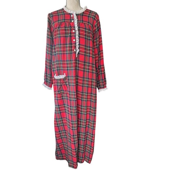 Vintage Hopeless Romantic Red Plaid Flannel Nightgown Med Lace Trim Cottagecore - Picture 1 of 4